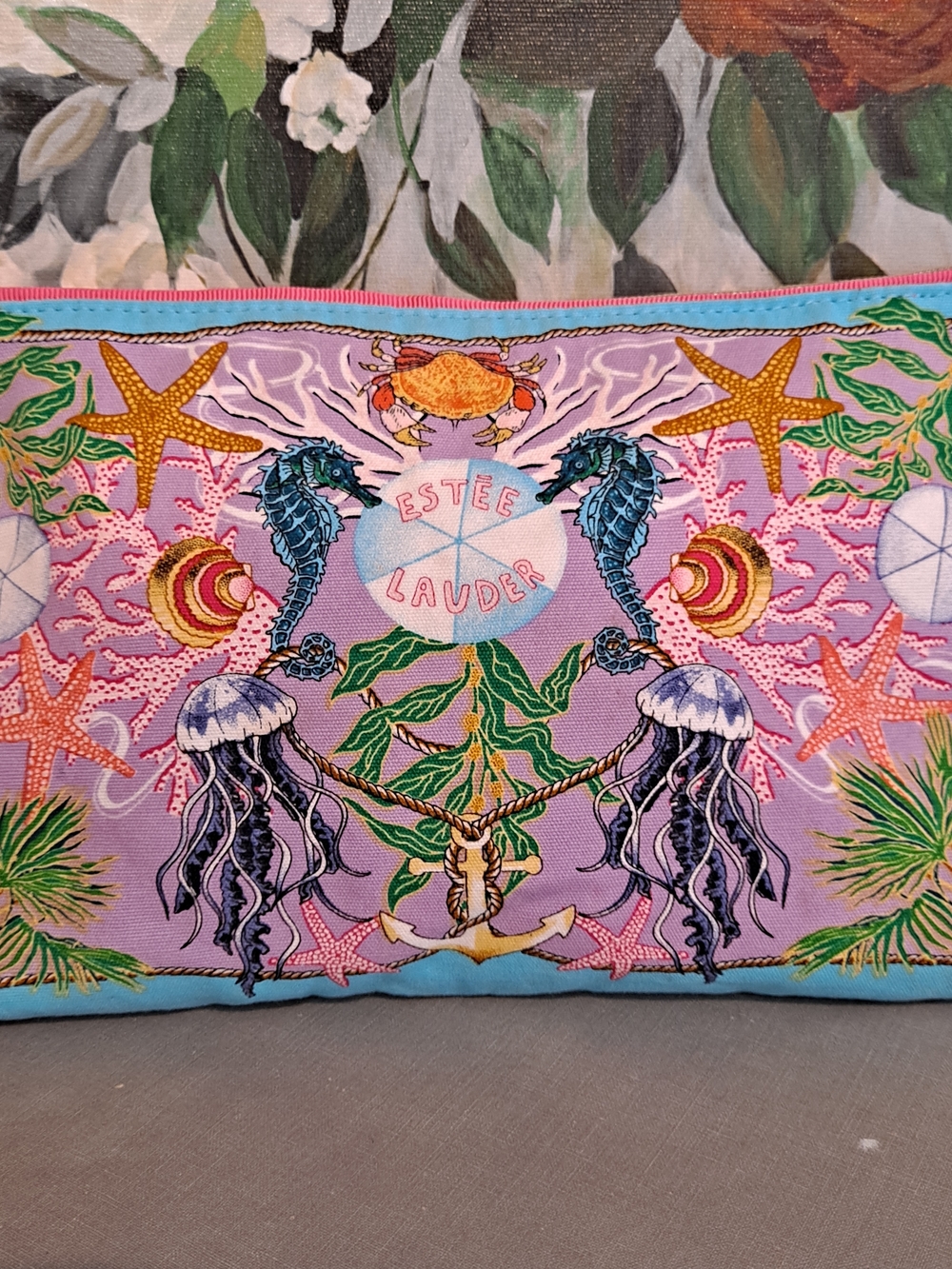 Estée Lauder Lavender Blue Canvas Cosmetic Pouch W/Aqua and Green Sea Motif